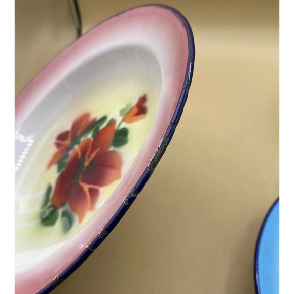Gold Fish Brand Enamel 8” Plates Blue Pink and Red Flowers LOT 3 - Picture 11 of 14